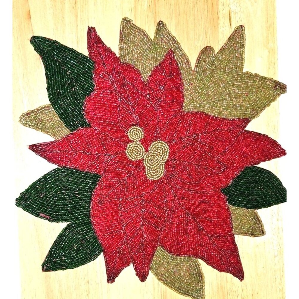 Beaded Placemat Poinsettia Handmade 13"x13" Christmas Decor